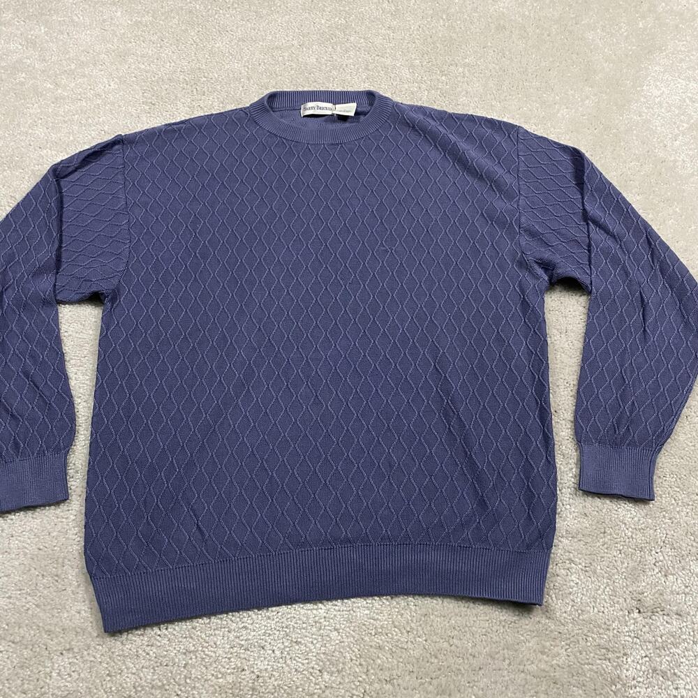 VTG Barry Bricken Sweater Mens L Blue Silk Diamond Knit Crewneck Lightweight